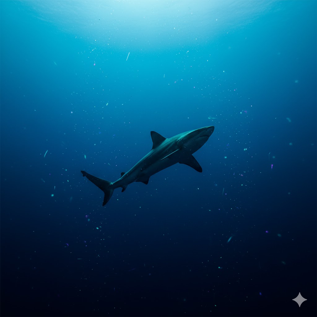 Shark descending into the darker depths of the ocean, transition from light blue to deep navy blue water, mysterious atmosphere